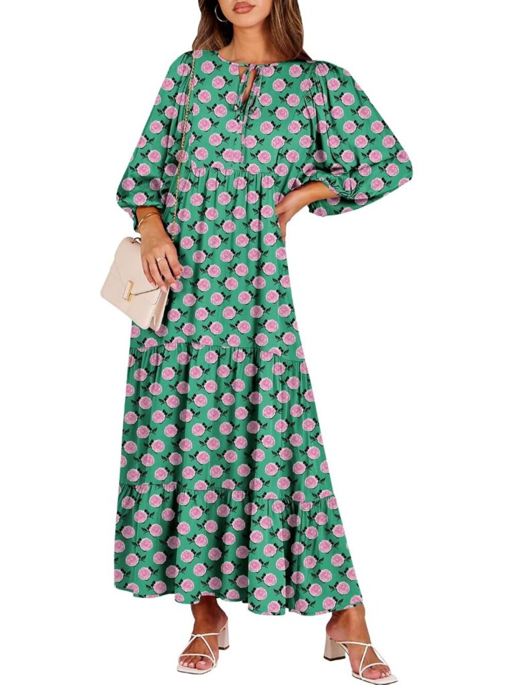 Womens Boho Floral 3/4 Puff Sleeve Maxi Dress